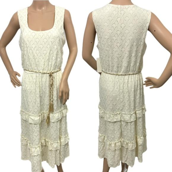 New KATE & LILY Elegant Cream Lace Boho Midi Dress Sleeveless Ruffle Sz Medium - Picture 3 of 14